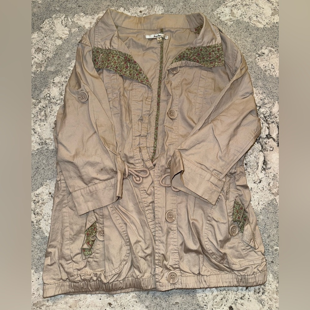 Women's Beige 3/4 Jacket with Floral Accents